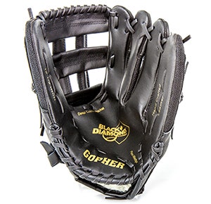 Black baseball glove with gold text