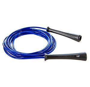 Blue jump rope with black handles.