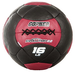 Black and red medicine ball weighing 16 lb.