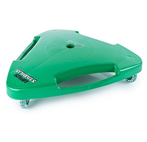 Green, triangular scooter sitting on the floor.